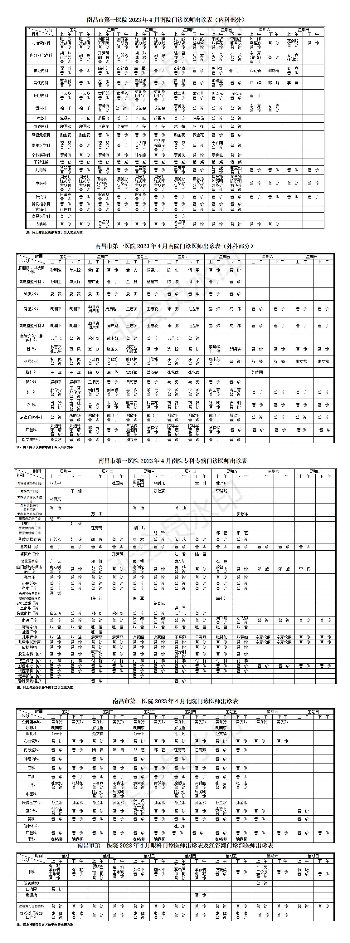 南昌市第一医院2023年4月南院北院、眼科医院及红谷滩门诊部门诊医师排班表3.27_01.jpg